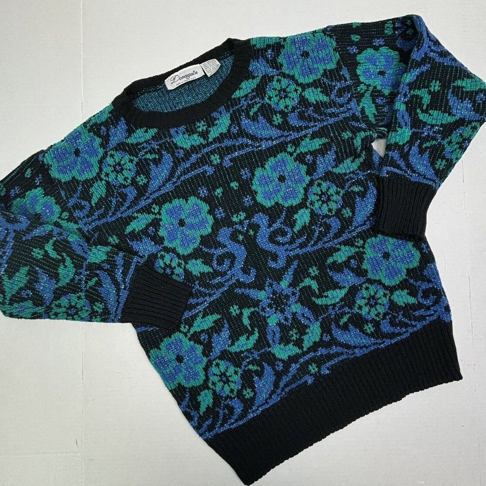 VTG 80s Donagain Pullover Sweater Metallic Floral Women's SMALL Cosby Black EUC
